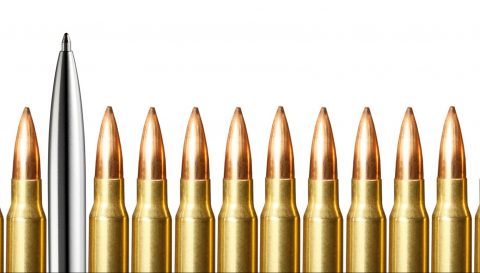 Pen and bullets round on white background. Journalism and blogger concept. Copy space.