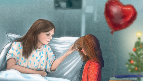Mamma på sjukehuset i «Eit hjarte til jul», illustrert av Line Renslebråten.